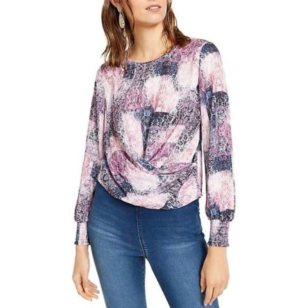 INC Printed Twist-Front Top size Large in Pink - NEW